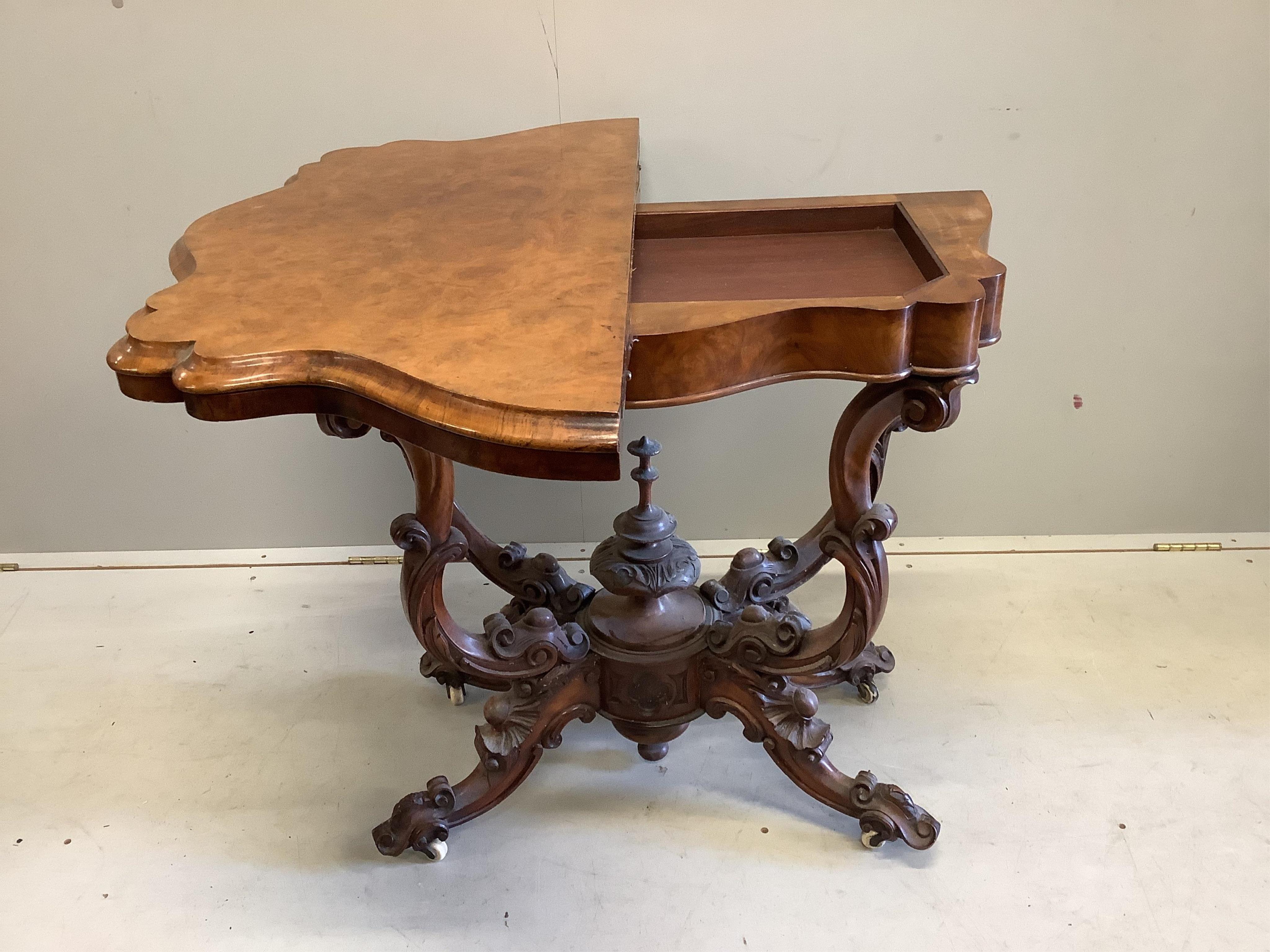 A Victorian burr walnut card table, width 99cm, depth 47cm, height 76cm